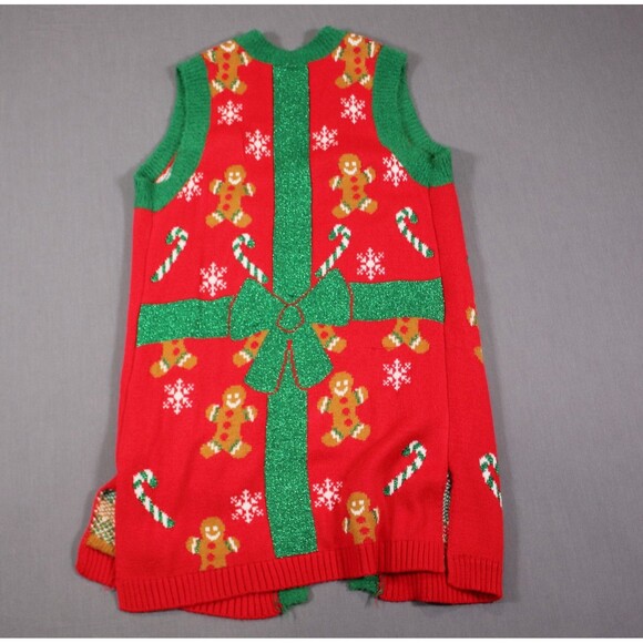Holiday Time Christmas Long Cardigan Vest Embroidered Red Green Bells Sz S - Picture 4 of 10